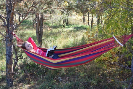 Гамак с деревянным креплением красный в полоску